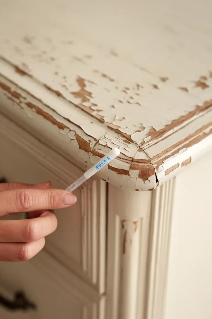 Testing chipped paint on a thrifted vintage dresser with an instant swab kit