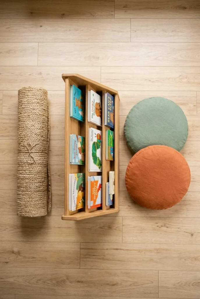 Three budget daycare reading corner basics book rack, washable floor cushions, and a rug.