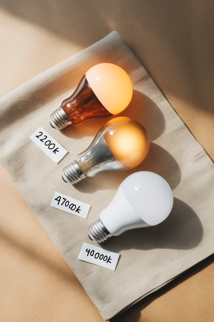 Three bulbs labeled 2200K, 2700K, 4000K comparing warm to cool light color.
