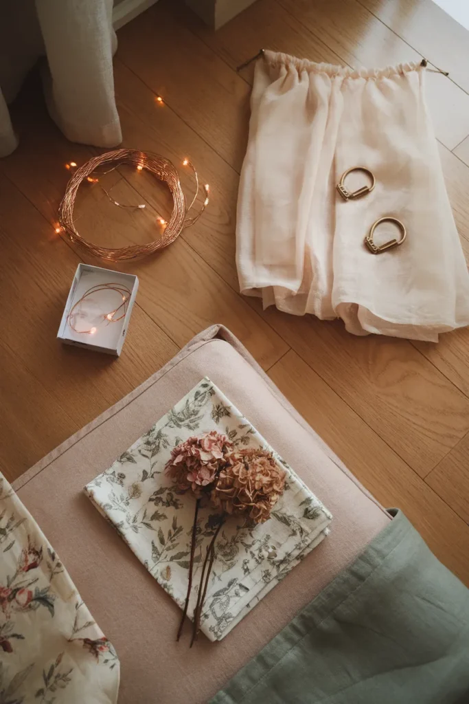 Three cottagecore bedroom anchors laid flat fairy lights, canopy fabric, floral bedding.