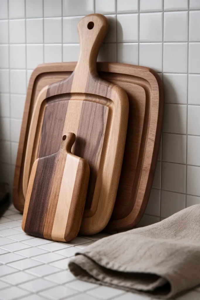 Three mixed tone wood cutting boards leaned against white kitchen tile.