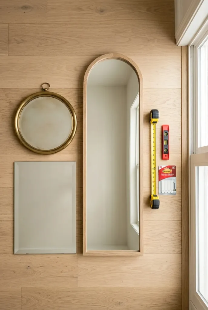 Three reading nook mirrors laid on the floor with a tape measure and level before hanging.