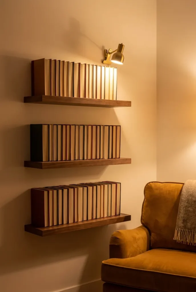 Three stacked walnut floating shelves beside a mustard reading chair with upright books.