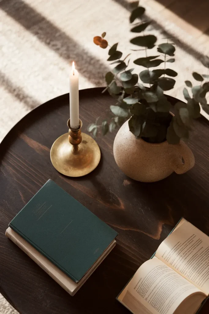Thrifted brass candlestick, stoneware jug of eucalyptus, and old books styled on a coffee table