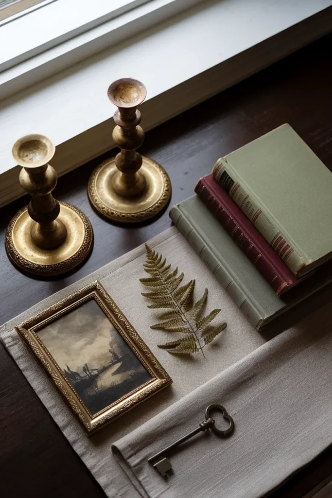 Thrifted brass candlesticks, old books, and a pressed fern styled for dark cottagecore decor.