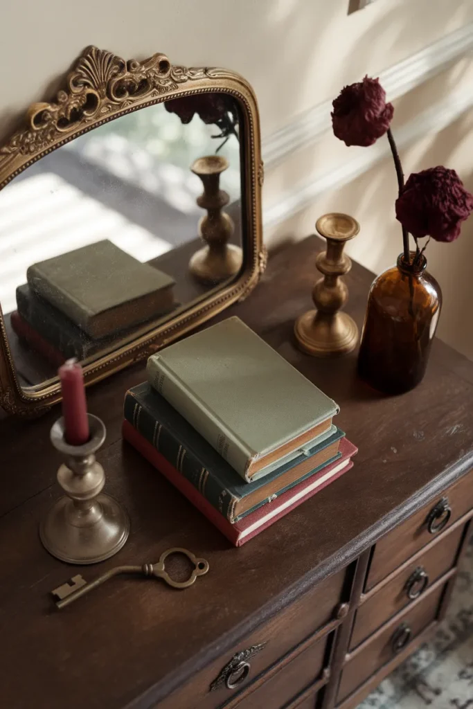Thrifted brass mirror, old clothbound books, and dried flowers on a walnut dresser