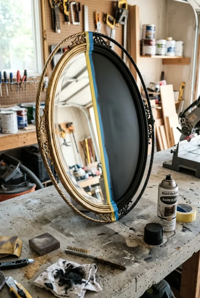 Thrifted oval mirror half spray-painted black during a budget reading nook makeover.