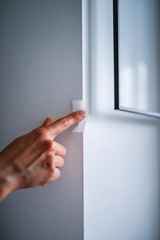 Thumb pressing a damage-free adhesive hanging strip onto a white wall next to a black picture frame.