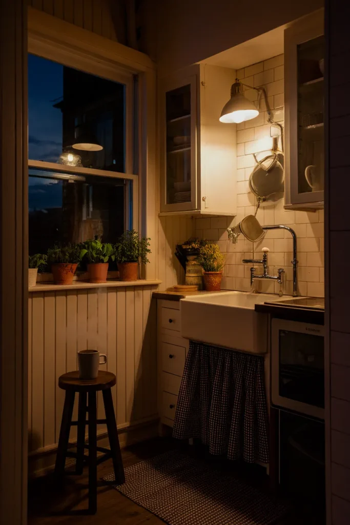Tiny cottagecore kitchen at night lit by warm lamp pools with a skirted sink and herb sill.