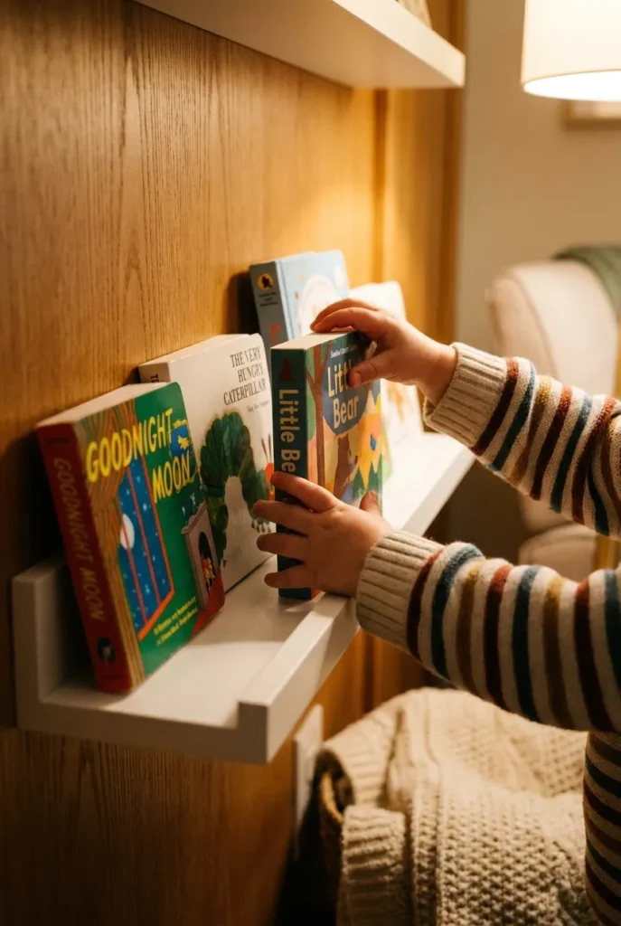 Toddler hands reaching a front-facing board book on a low nursery picture ledge.