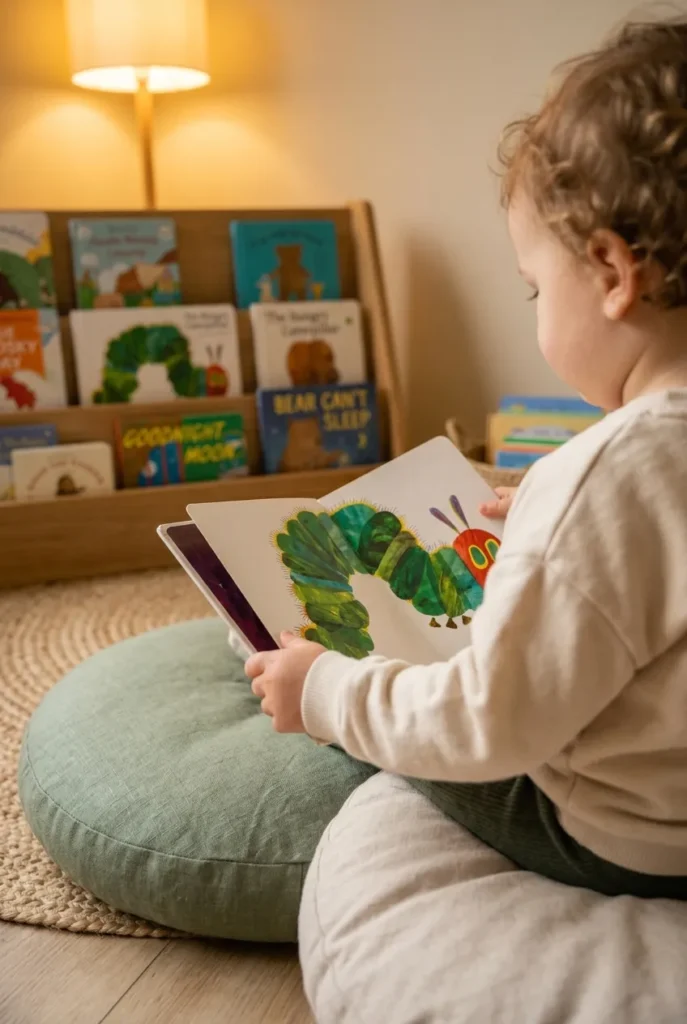 Toddler sitting on a washable floor cushion reading a picture book in a daycare corner.