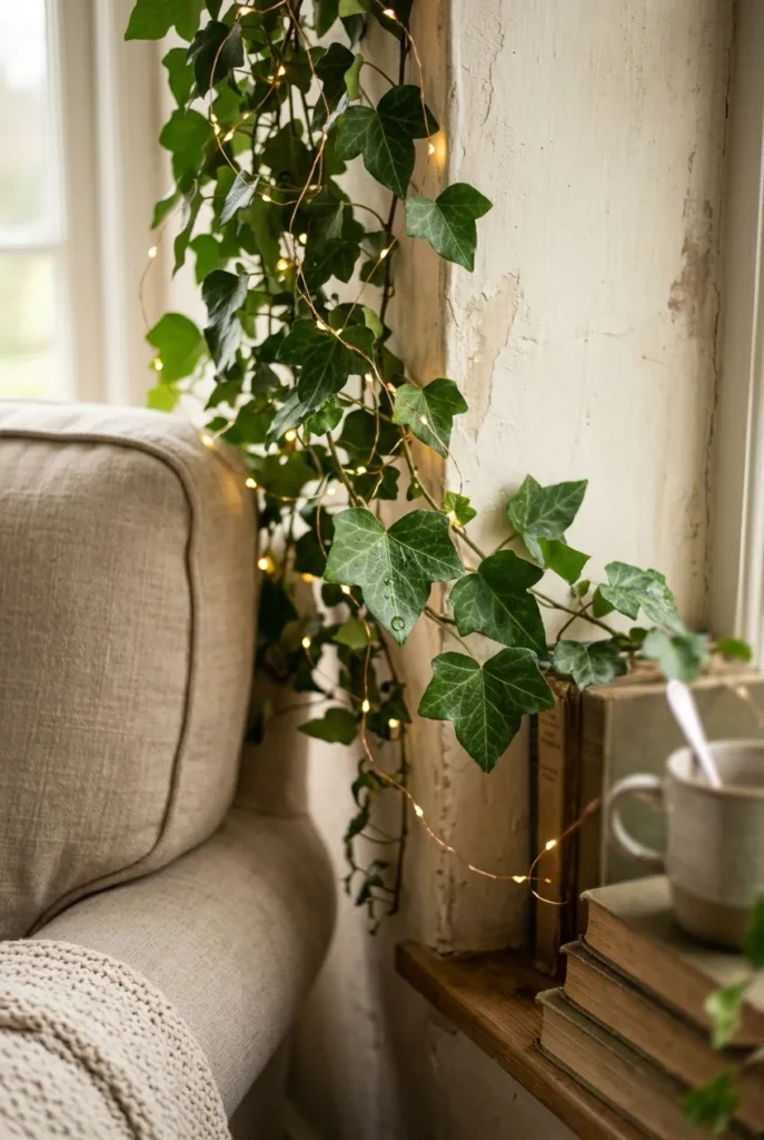 Trailing ivy woven with warm fairy lights cascading down a reading nook corner.