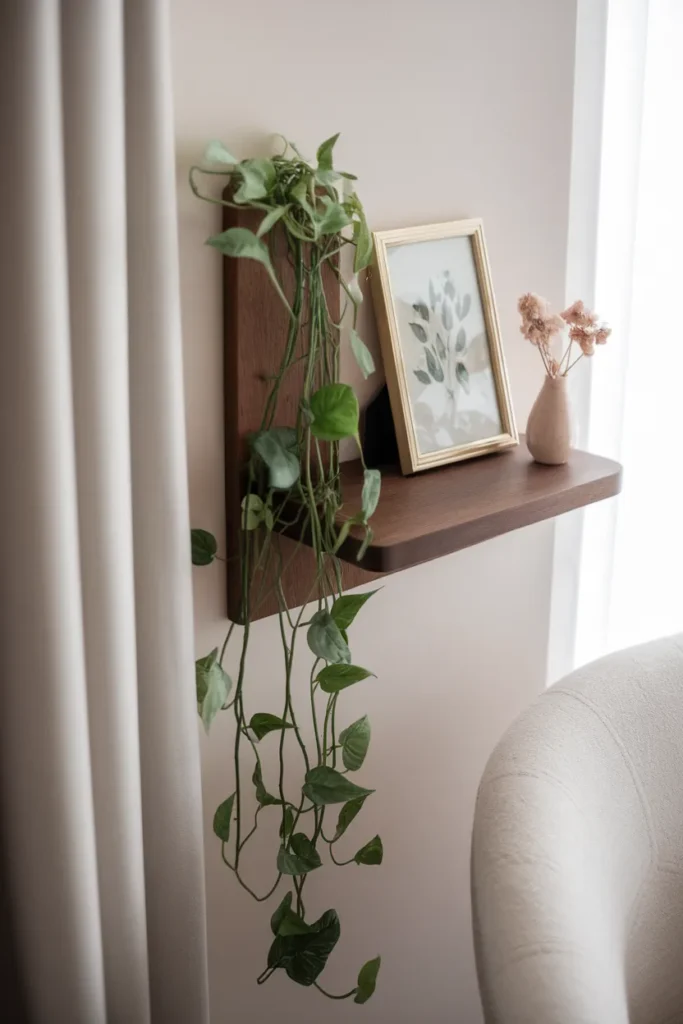 Trailing pothos and dried flowers on a shelf beside a floral reading nook chair.