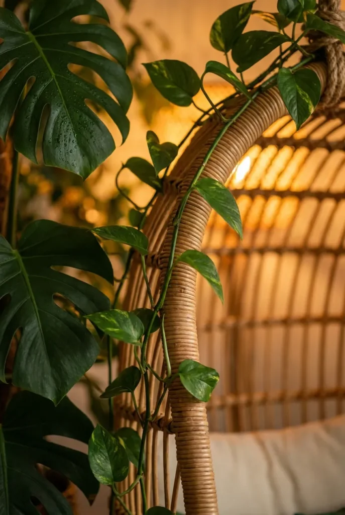 Trailing pothos and monstera leaves framing a rattan swing chair reading nook.