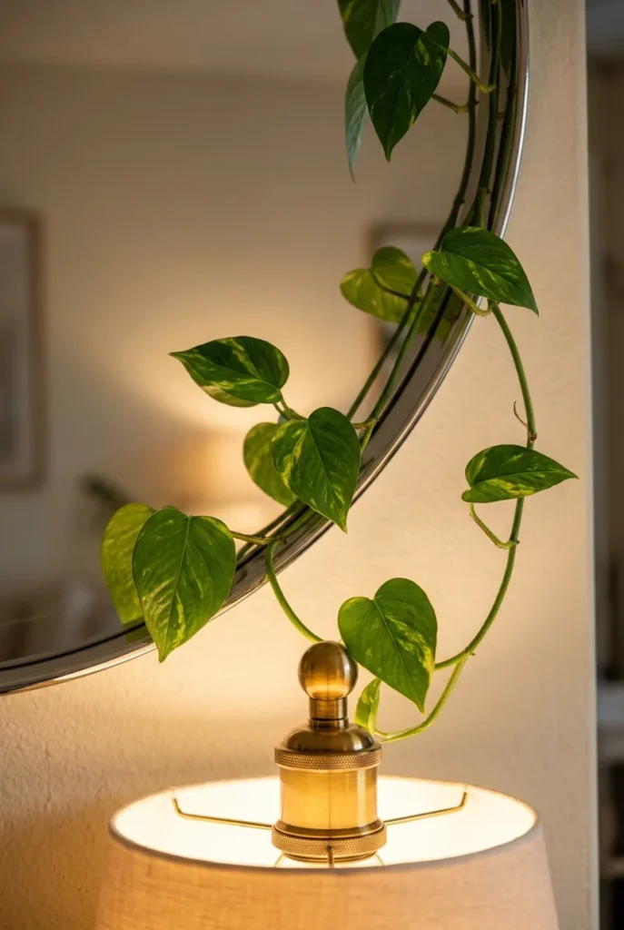 Trailing pothos draped over a round reading nook mirror beside a warm brass lamp.