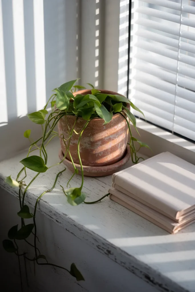 Trailing pothos in a terracotta pot on a sunny cottagecore bedroom windowsill