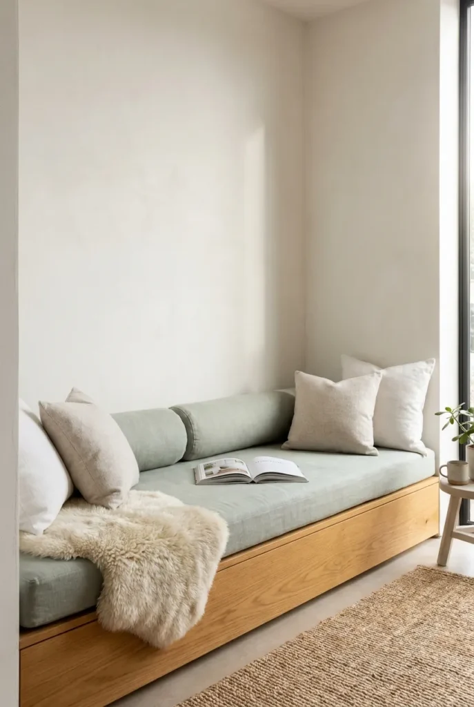 Twin daybed reading nook for two with linen bolsters and a sheepskin throw against a white wall.