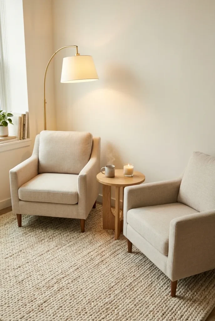 Two beige armchairs and a round side table forming a no-drill reading nook for two.