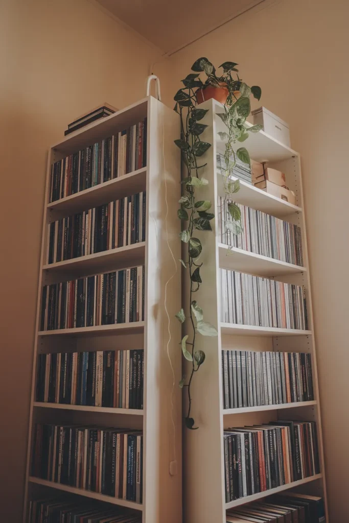 Two tall white bookcases anchored to the wall with a visible anti-tip strap, heavy books loaded low.