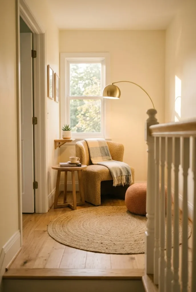 Upstairs landing reading nook with a boucle chair angled to a window and a round side table.