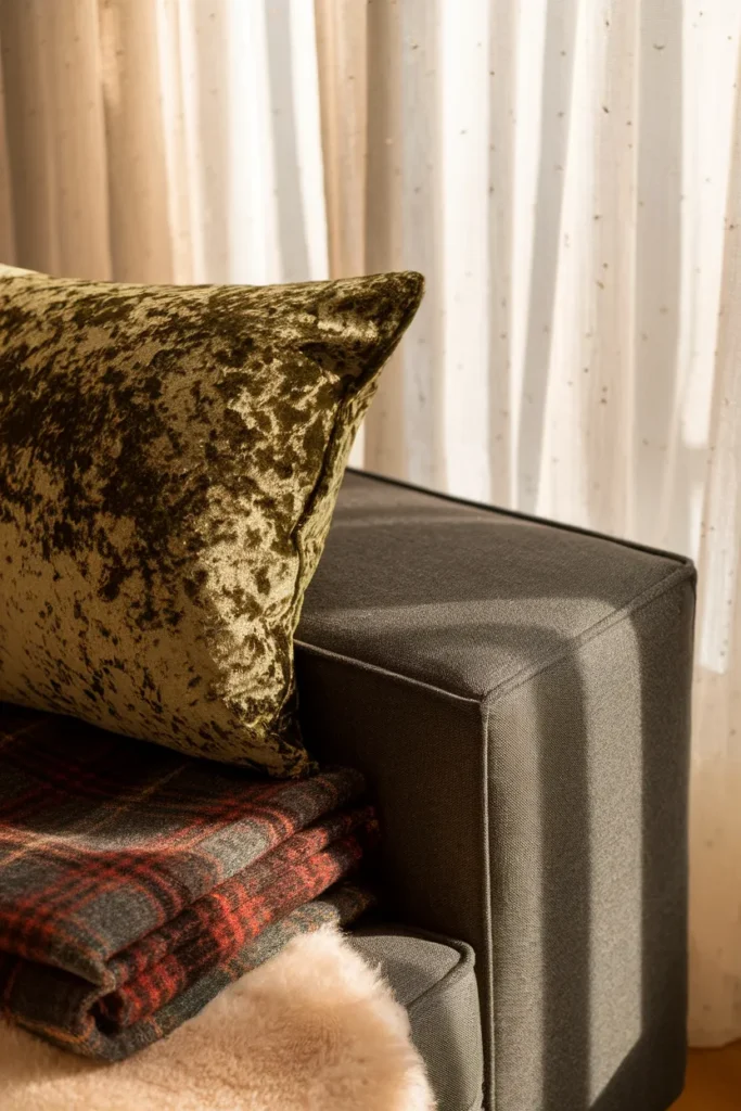 Velvet, wool, and sheepskin layers on a linen sofa in a moody cottagecore living room.