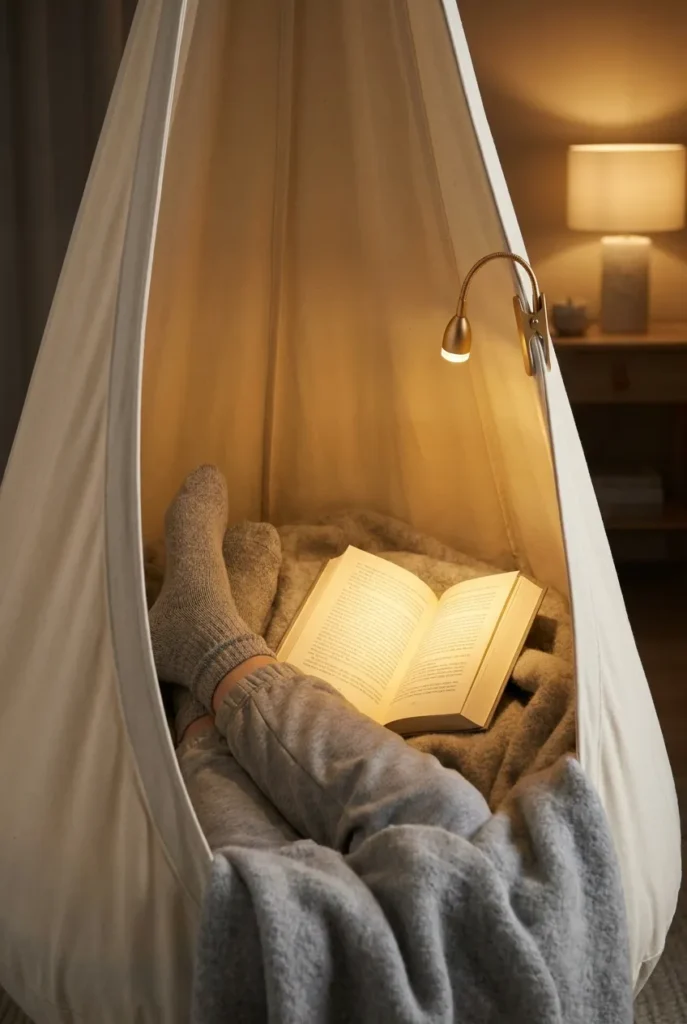 View into a cream cocoon pod swing chair with a reader, blanket, and clip-on light.