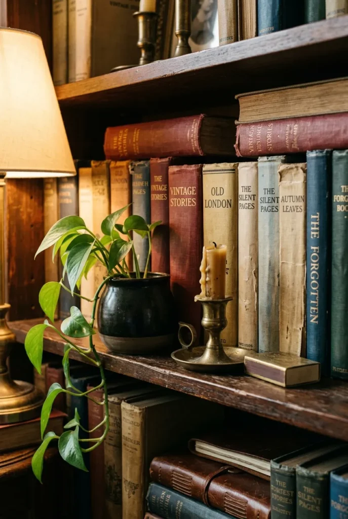 Vintage bookshelf styled with worn clothbound books, brass candlestick, and a plant.
