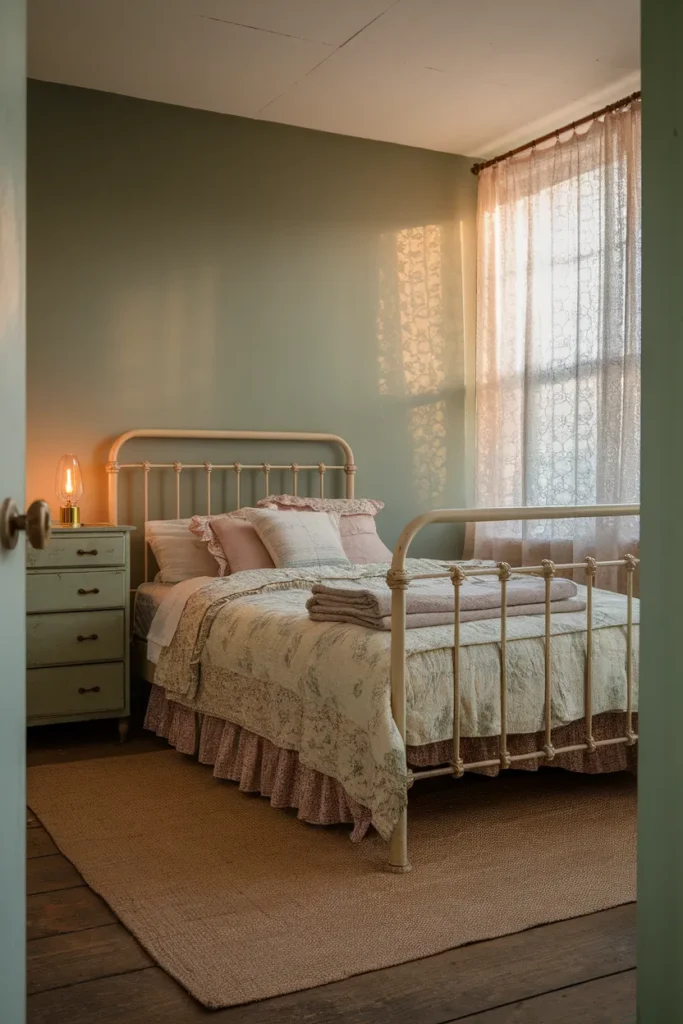 Vintage cottagecore bedroom with iron bed, floral quilt, and lace curtain in golden hour light