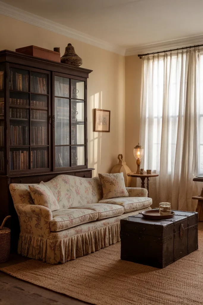 Vintage cottagecore living room with floral sofa, antique hutch and warm lamp light at golden hour