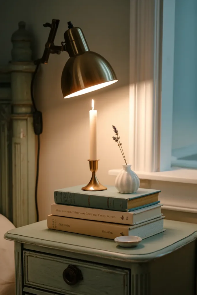 Vintage nightstand styled with books, brass candlestick, dried lavender, and warm lamp light.