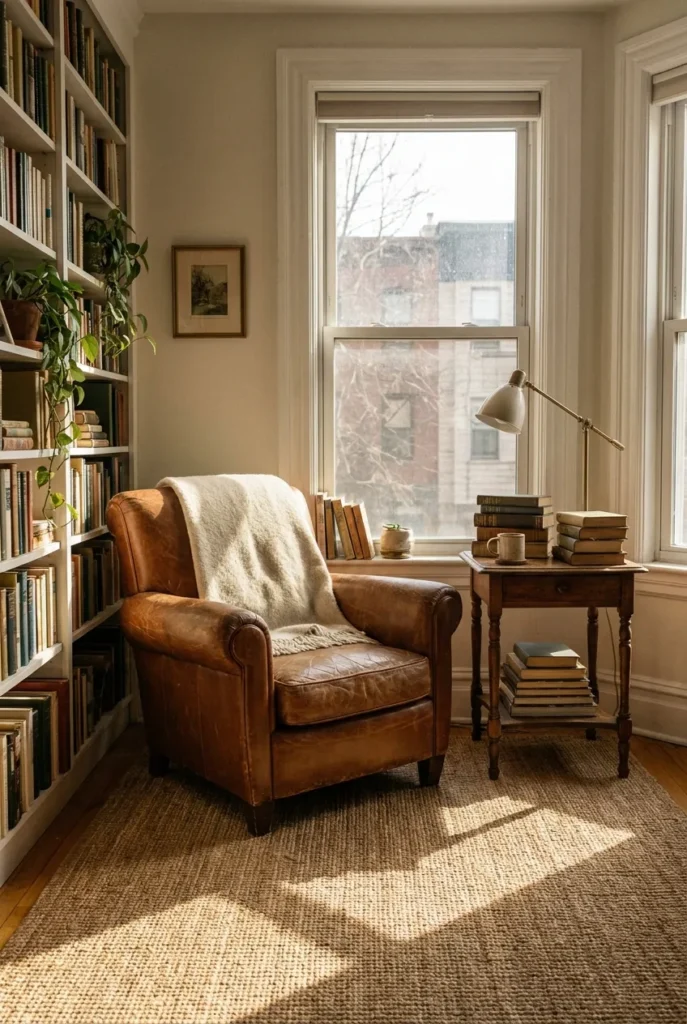 Vintage reading nook with worn leather chair by a sunlit window and jute rug.
