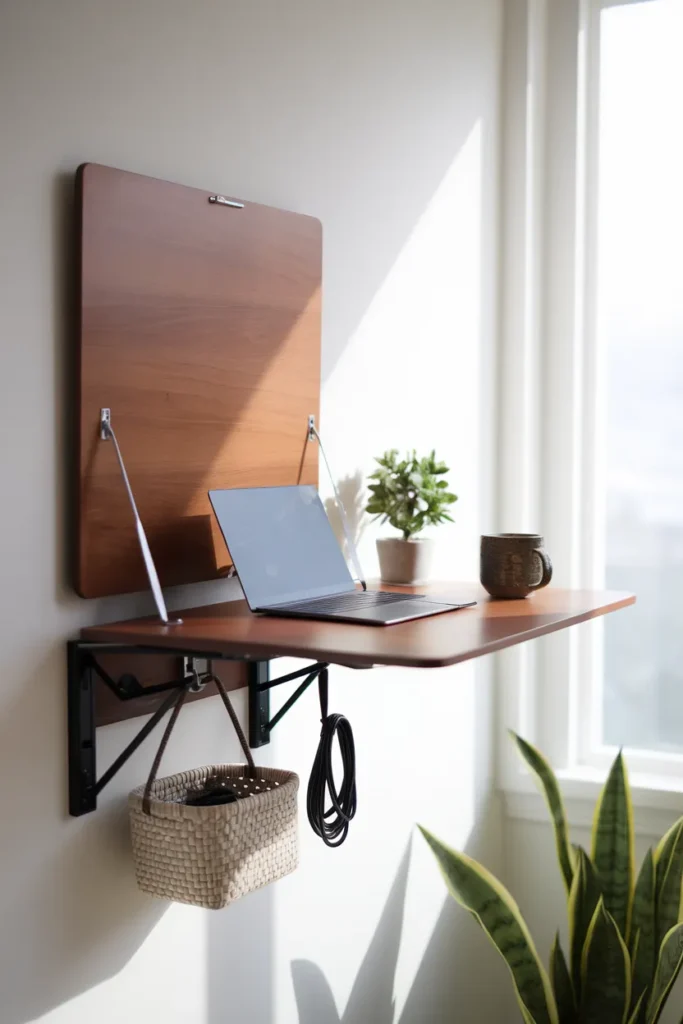 Wall-mounted fold-down desk open with a laptop and mug, seen from a high angle in midday light.