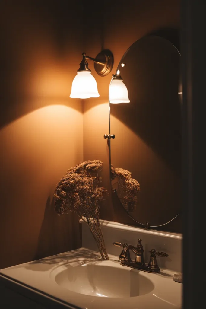Warm 2700K brass sconce lighting a cottage bathroom mirror at night.