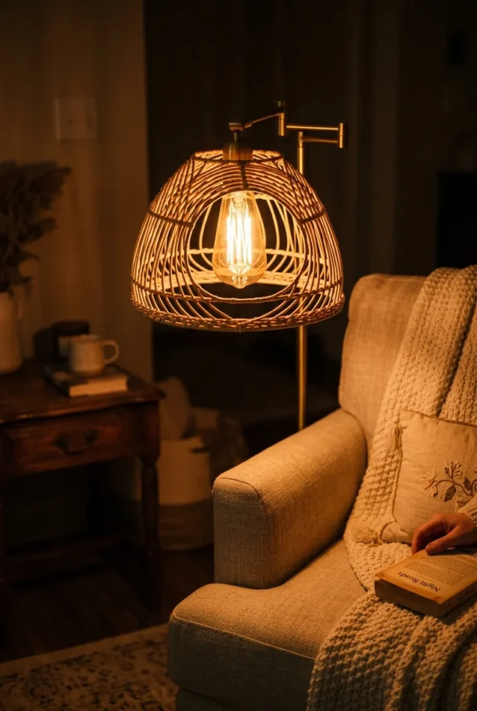 Warm 2700K bulb glowing in a rattan lamp beside a fall reading nook chair at night.