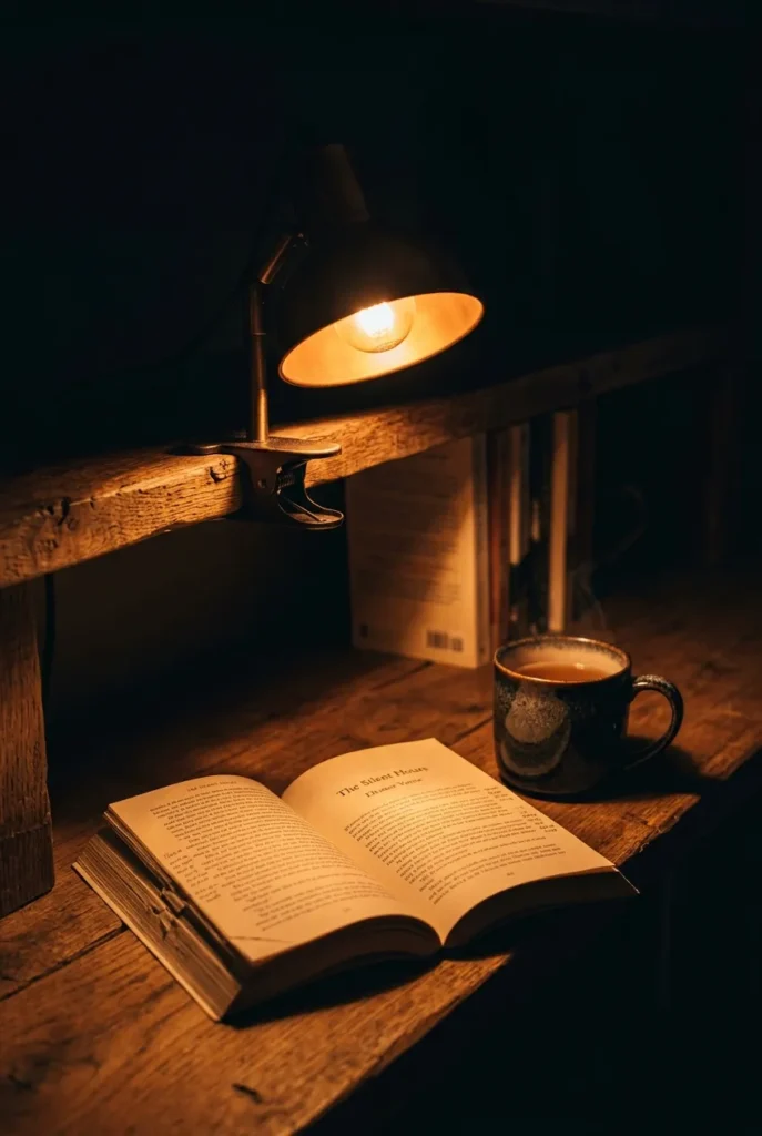 Warm 2700K clip-on lamp lighting an open book in a cozy dorm reading corner at night.