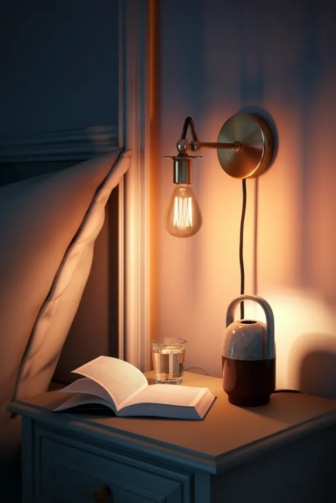 Warm 2700K lamp and plug-in sconce lighting a cozy bedroom nightstand at night.