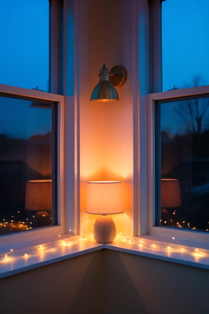 Warm 2700K lamp and sconce lighting in a small cottagecore living room at dusk.