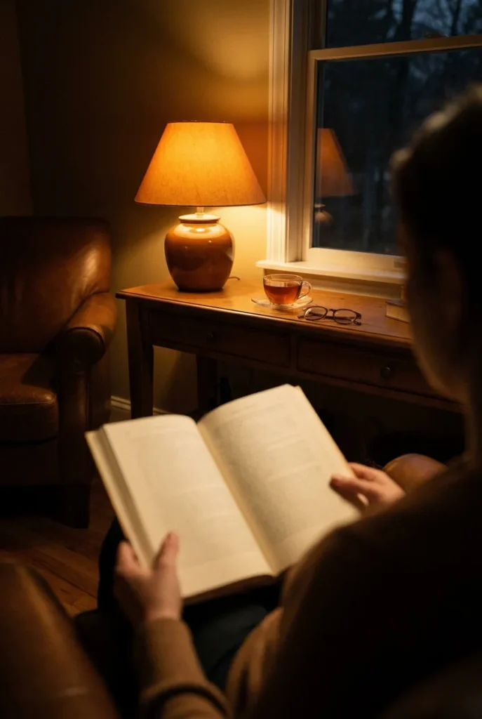 Warm 2700K lamp on a console lighting an open book over a reader's shoulder.