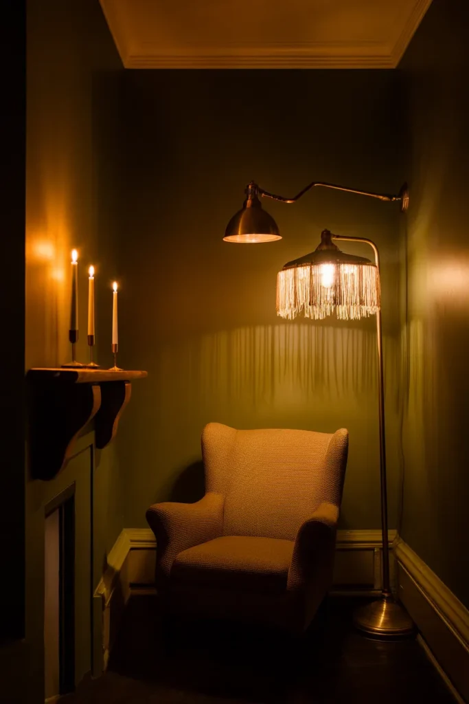 Warm 2700K lamps and candles layering light in a cottagecore living room corner at night