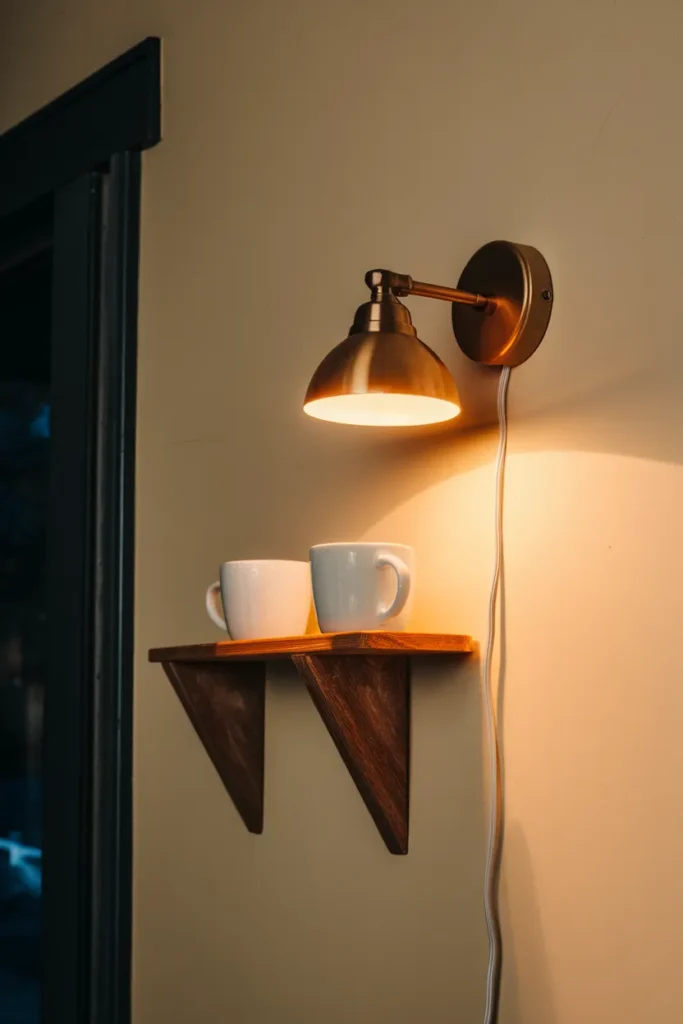 Warm 2700K plug-in sconce glowing over an open kitchen shelf at night.