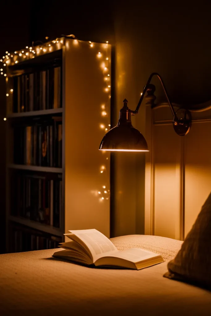 Warm 2700K plug in sconce lighting a small bedroom cottagecore corner at night