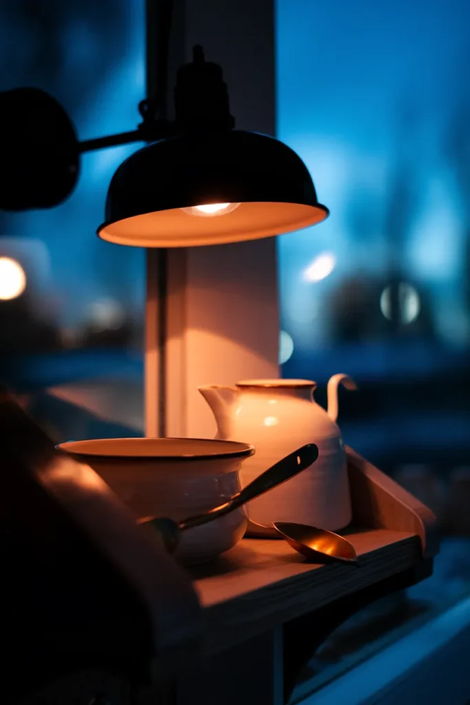 Warm 2700K plug-in sconce lighting open shelves in a small cottagecore kitchen at dusk.