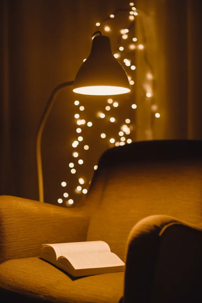 Warm 2700K reading lamp glowing over an armchair at night, the heart of hygge home lighting.
