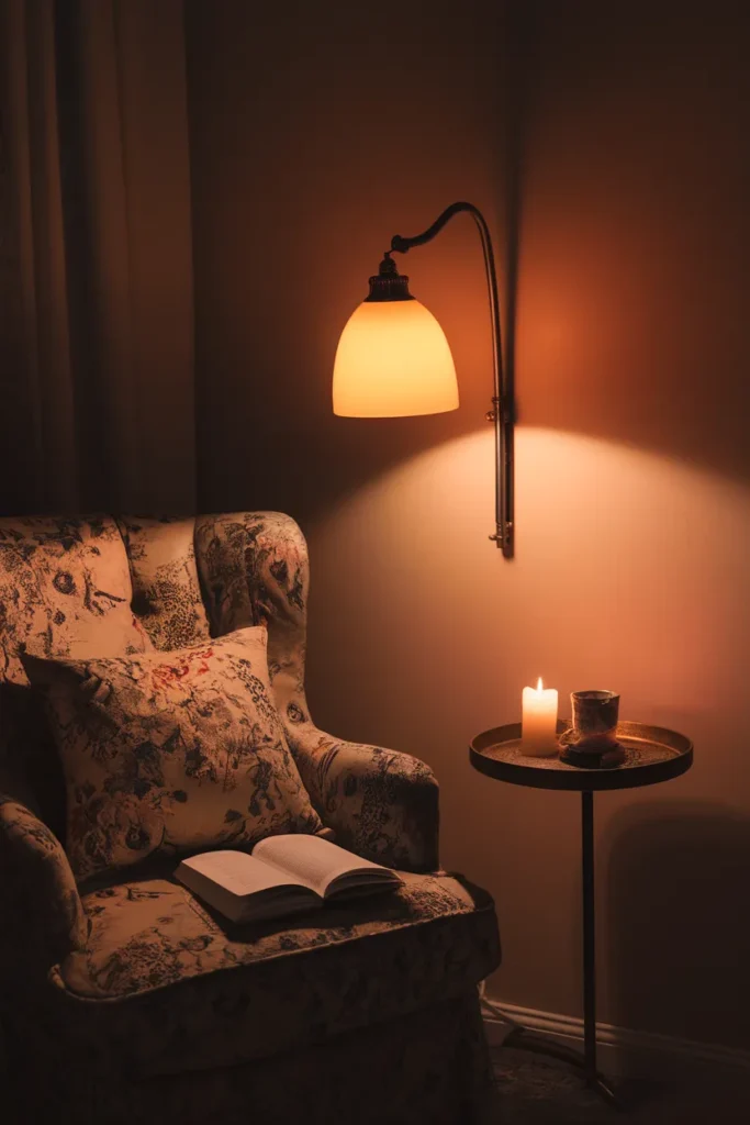 Warm 2700K sconce lighting a floral reading nook chair and open book at night.