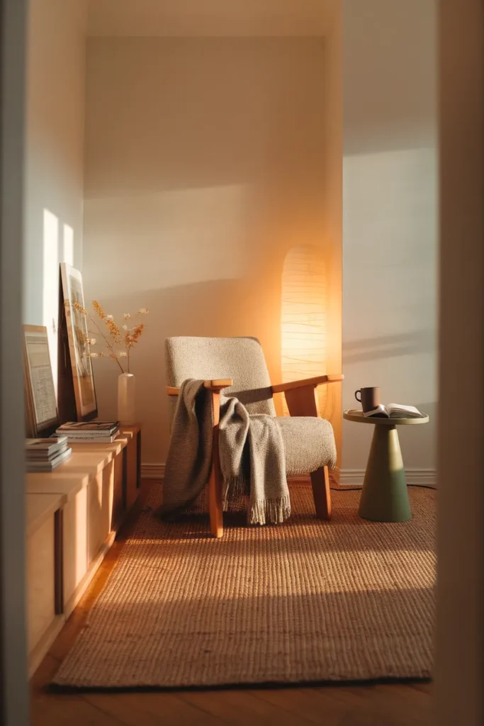 Warm apartment reading corner with bentwood armchair, wool throw, and glowing floor lamp at golden hour.