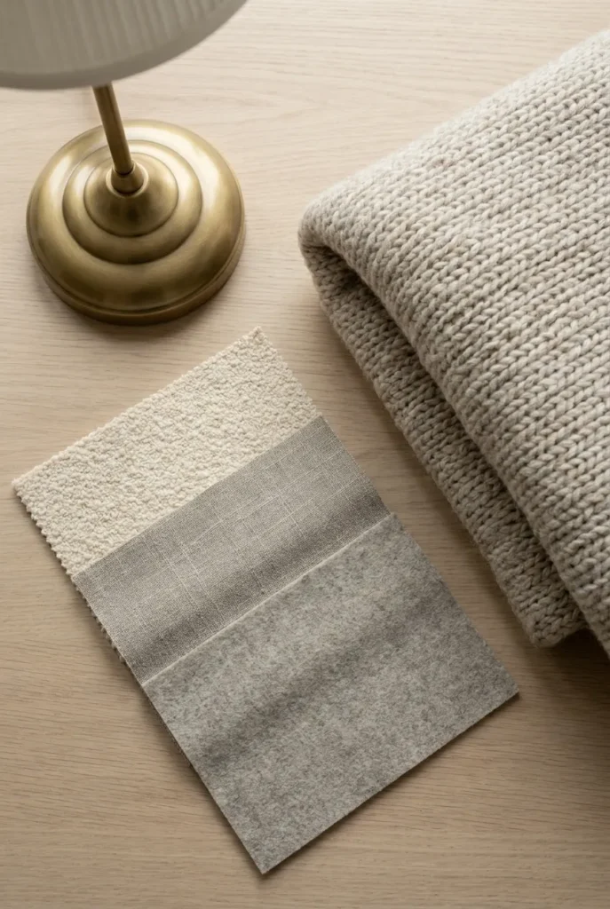 Warm beige, greige, and cool beige fabric swatches for a neutral reading nook.