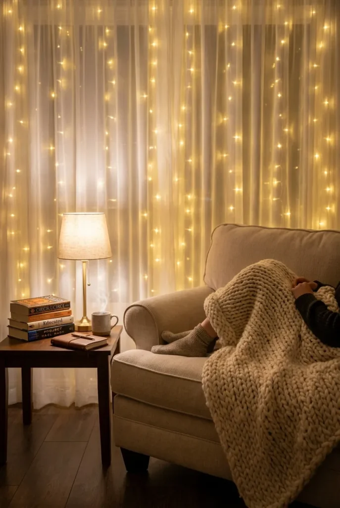 Warm fairy light curtain behind a cozy reading chair with sheer curtain overlay.
