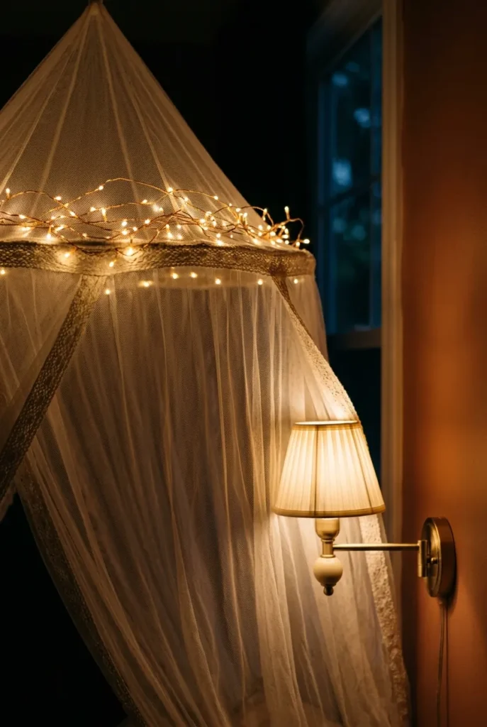 Warm fairy lights and a swing-arm sconce lighting a canopy reading nook at night.