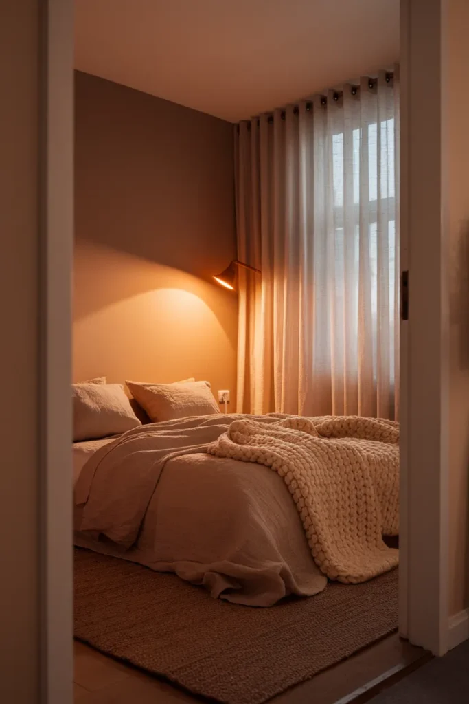 Warm greige cozy bedroom at dusk with layered linen bedding and amber lamp light.