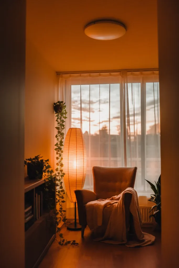 Warm Lighting Home Decor in a small living room corner with a glowing floor lamp at golden hour.